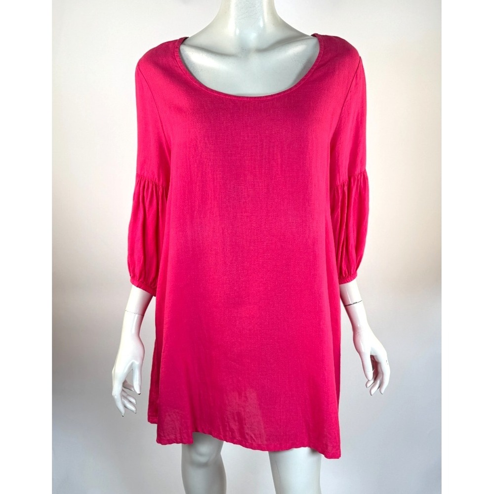 Bryn Walker Linen Lantern Tunic Top Women L 3/4‎ Sleeve Relaxed Scoop Neck Pink